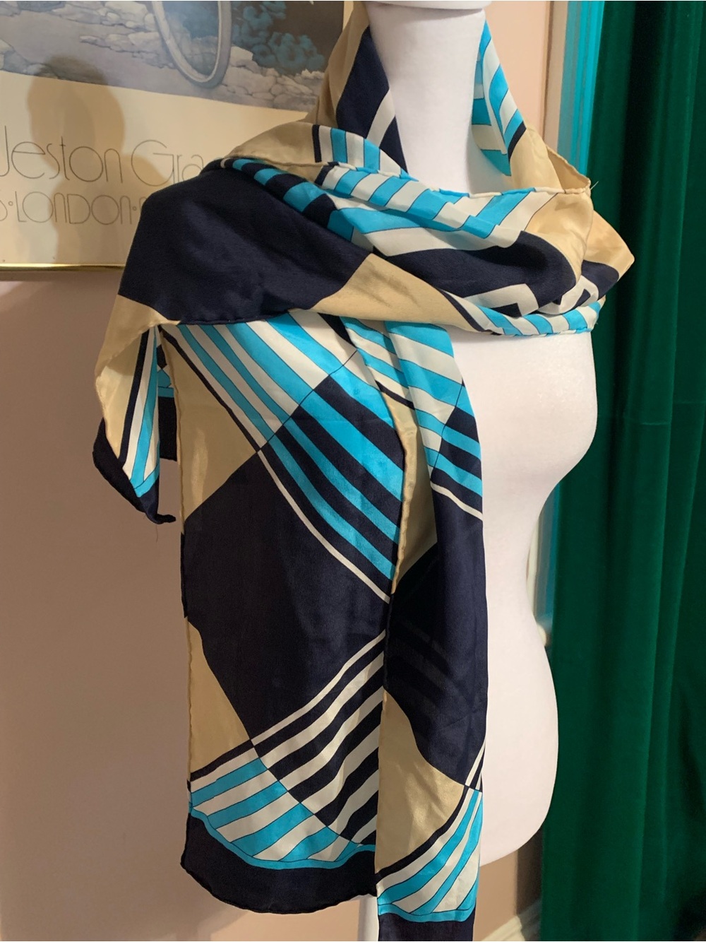 Silk Striped Scarf in Navy, Cream blue classic old money